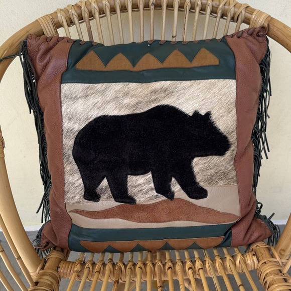 The Unbranded Brand Other - Rustic Cabin Decor Pillow Leather & Fur Black Bear Silhouette Lodge Style 20.20"